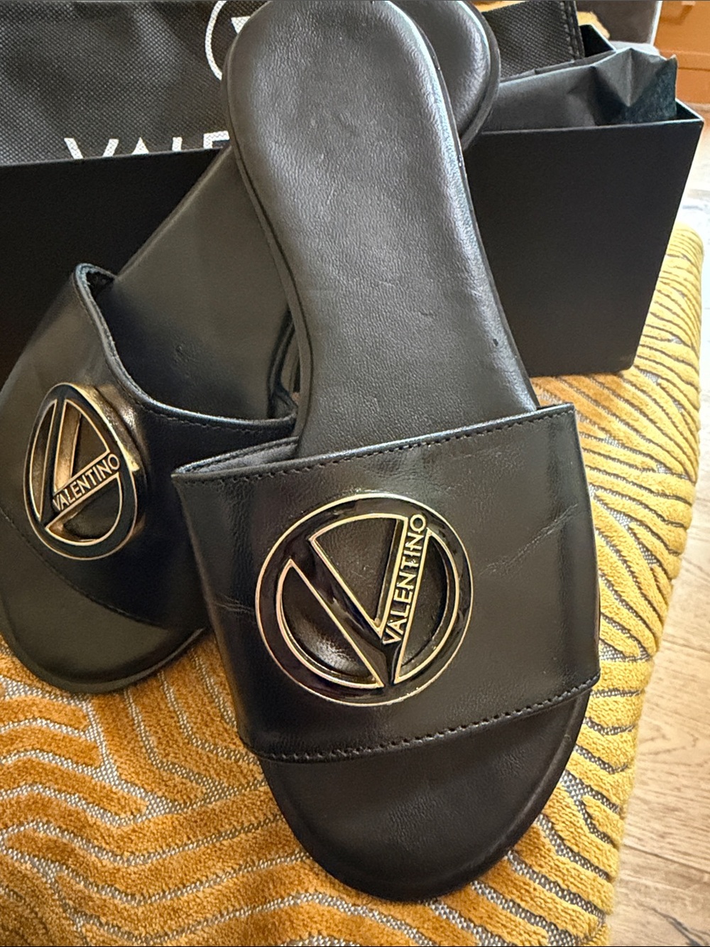 Mario Valentino Black Leather Slide Sandals with Gold Emblem